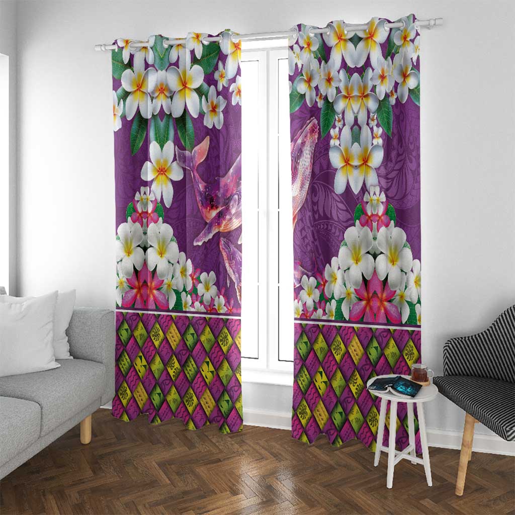 Hawaiian Plumeria and Humpback Whales Window Curtain Polynerian Art Tattoo-Mauve Color