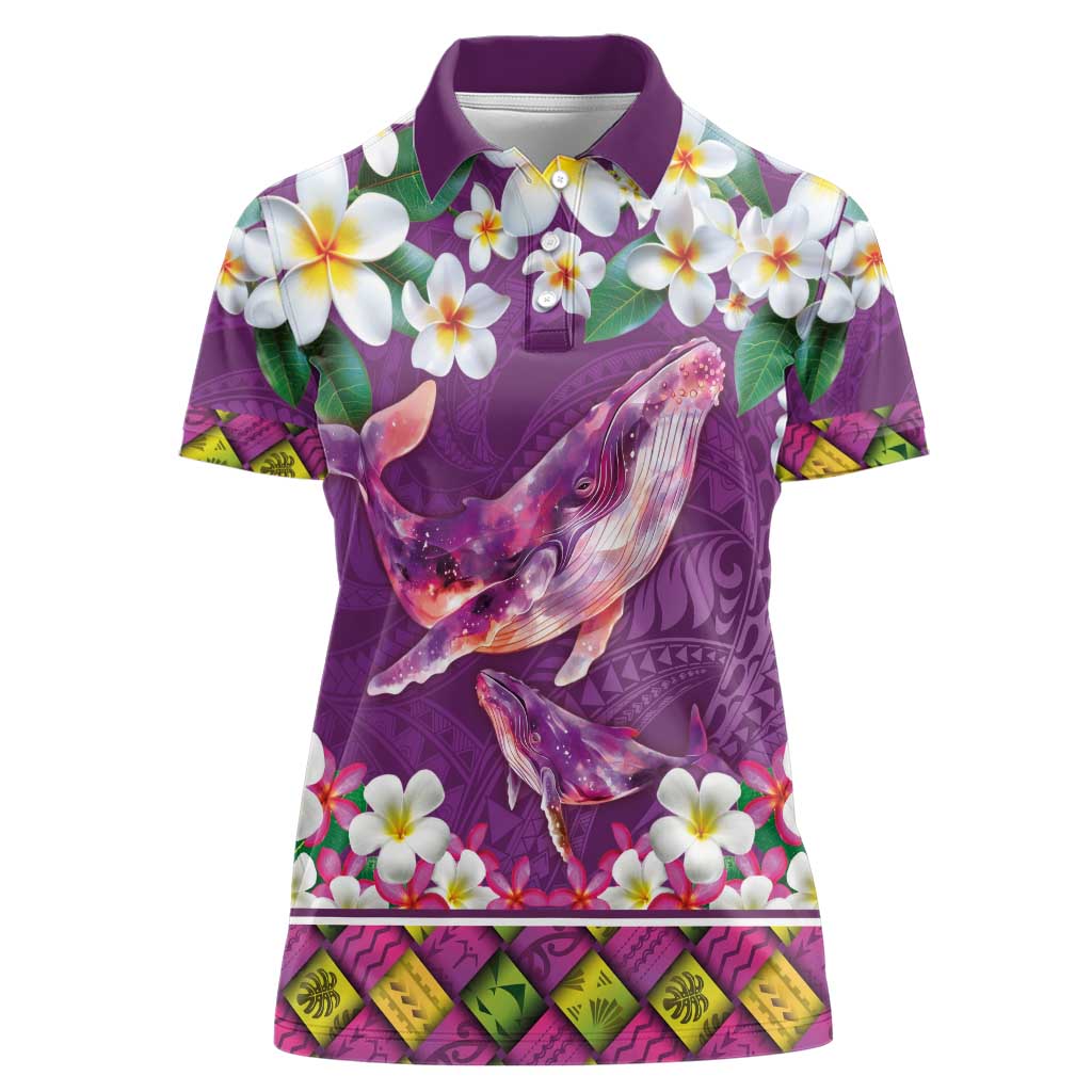 Hawaiian Plumeria and Humpback Whales Women Polo Shirt Polynerian Art Tattoo-Mauve Color