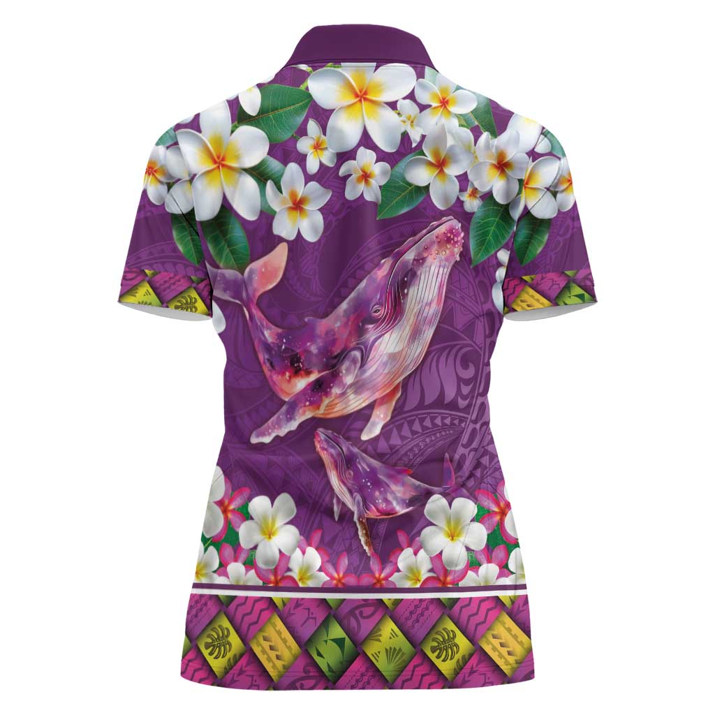 Hawaiian Plumeria and Humpback Whales Women Polo Shirt Polynerian Art Tattoo-Mauve Color