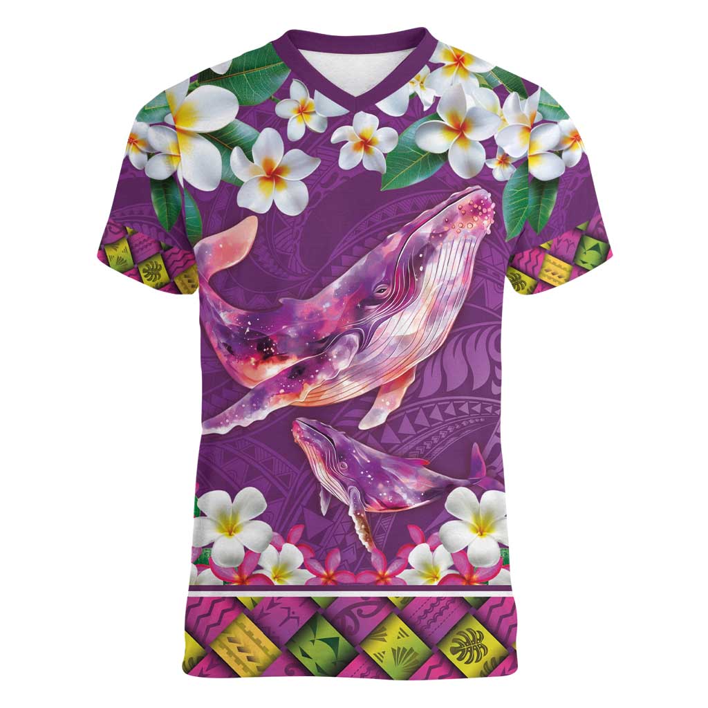 Hawaiian Plumeria and Humpback Whales Women V-Neck T-Shirt Polynerian Art Tattoo-Mauve Color LT03 Female Purple - Polynesian Pride