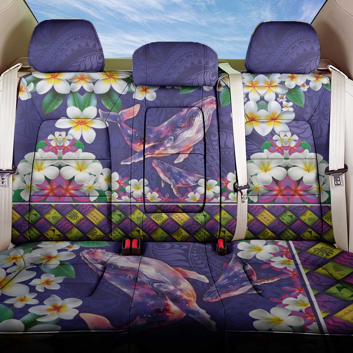 Hawaiian Plumeria and Humpback Whales Back Car Seat Cover Polynerian Art Tattoo-Navy Color