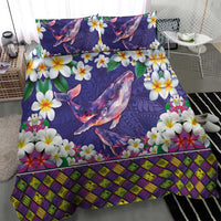 Hawaiian Plumeria and Humpback Whales Bedding Set Polynerian Art Tattoo-Navy Color