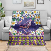Hawaiian Plumeria and Humpback Whales Blanket Polynerian Art Tattoo-Navy Color