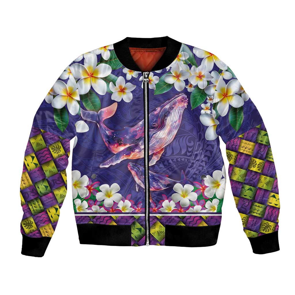 Hawaiian Plumeria and Humpback Whales Bomber Jacket Polynerian Art Tattoo-Navy Color LT03 Unisex Navy - Polynesian Pride