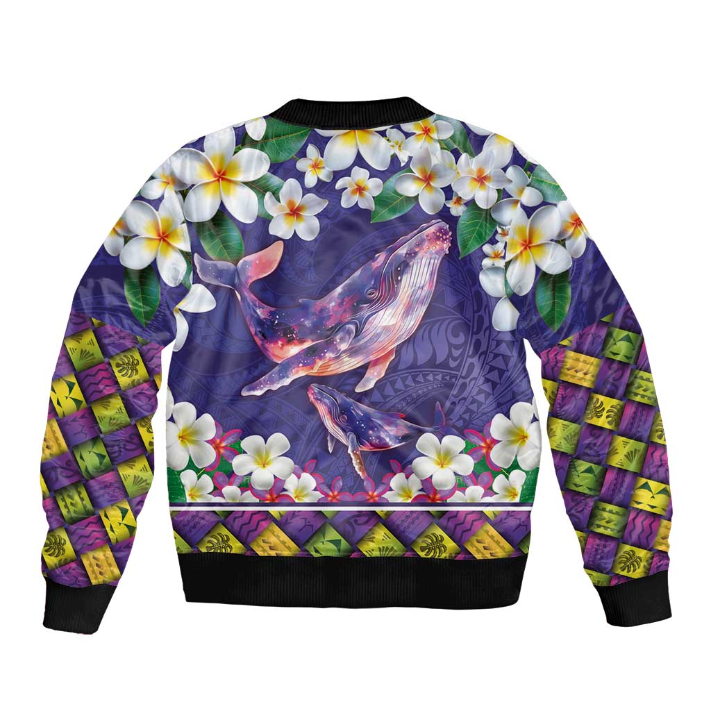 Hawaiian Plumeria and Humpback Whales Bomber Jacket Polynerian Art Tattoo-Navy Color LT03 - Polynesian Pride