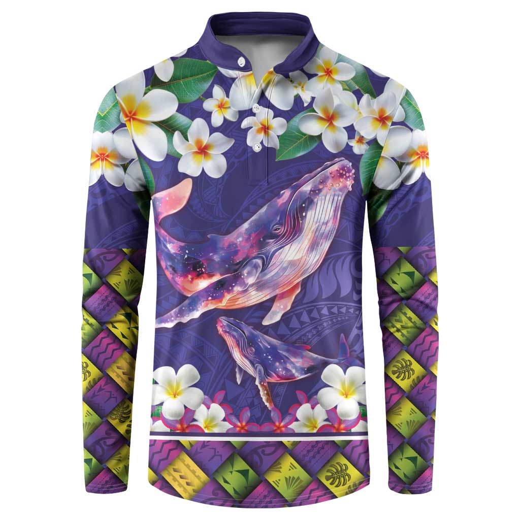 Hawaiian Plumeria and Humpback Whales Button Sweatshirt Polynerian Art Tattoo-Navy Color