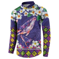 Hawaiian Plumeria and Humpback Whales Button Sweatshirt Polynerian Art Tattoo-Navy Color