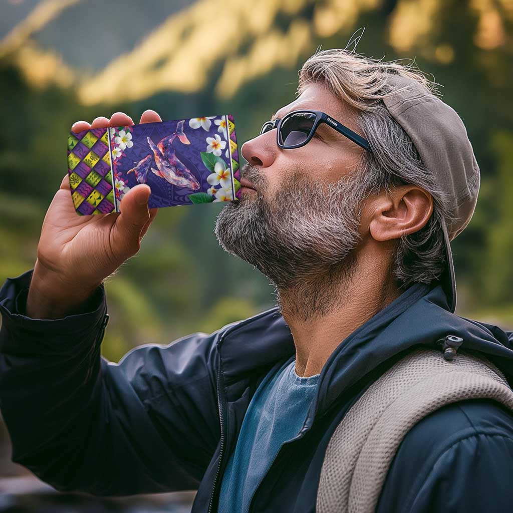 Hawaiian Plumeria and Humpback Whales 4 in 1 Can Cooler Tumbler Polynerian Art Tattoo-Navy Color