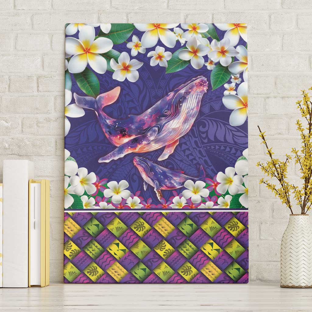 Hawaiian Plumeria and Humpback Whales Canvas Wall Art Polynerian Art Tattoo-Navy Color