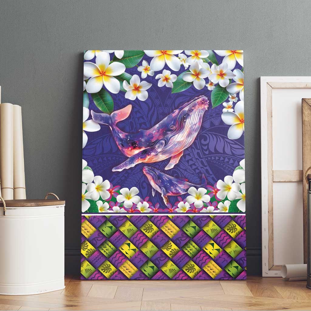 Hawaiian Plumeria and Humpback Whales Canvas Wall Art Polynerian Art Tattoo-Navy Color