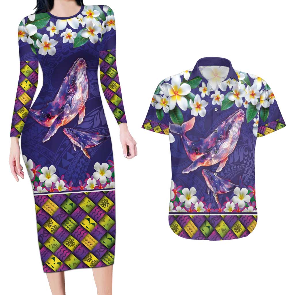 Hawaiian Plumeria and Humpback Whales Couples Matching Long Sleeve Bodycon Dress and Hawaiian Shirt Polynerian Art Tattoo-Navy Color