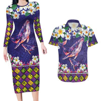 Hawaiian Plumeria and Humpback Whales Couples Matching Long Sleeve Bodycon Dress and Hawaiian Shirt Polynerian Art Tattoo-Navy Color