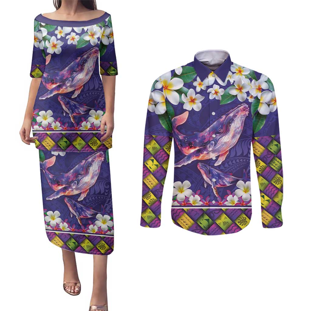Hawaiian Plumeria and Humpback Whales Couples Matching Puletasi and Long Sleeve Button Shirt Polynerian Art Tattoo-Navy Color LT03 Navy - Polynesian Pride