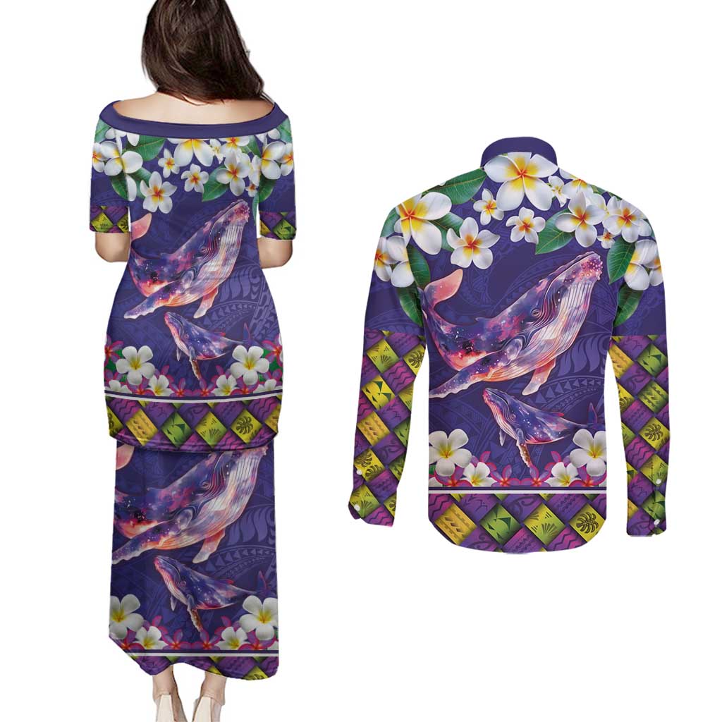 Hawaiian Plumeria and Humpback Whales Couples Matching Puletasi and Long Sleeve Button Shirt Polynerian Art Tattoo-Navy Color LT03 - Polynesian Pride