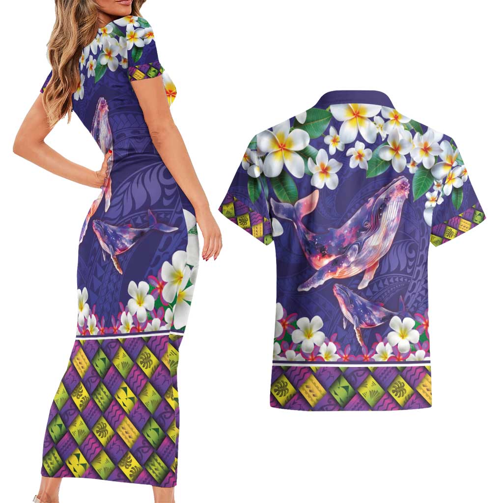 Hawaiian Plumeria and Humpback Whales Couples Matching Short Sleeve Bodycon Dress and Hawaiian Shirt Polynerian Art Tattoo-Navy Color