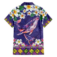 Hawaiian Plumeria and Humpback Whales Family Matching Off The Shoulder Long Sleeve Dress and Hawaiian Shirt Polynerian Art Tattoo-Navy Color