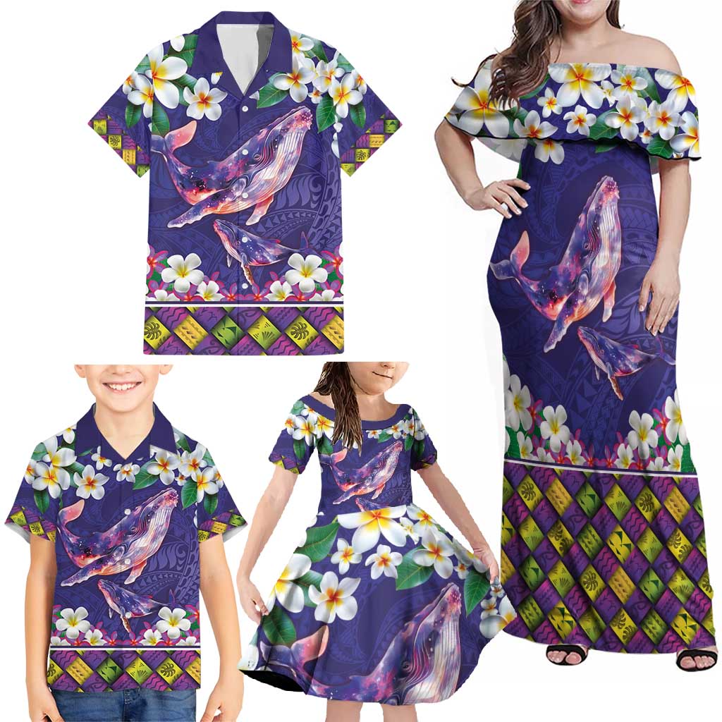 Hawaiian Plumeria and Humpback Whales Family Matching Off Shoulder Maxi Dress and Hawaiian Shirt Polynerian Art Tattoo-Navy Color