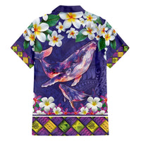 Hawaiian Plumeria and Humpback Whales Family Matching Off Shoulder Maxi Dress and Hawaiian Shirt Polynerian Art Tattoo-Navy Color
