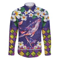 Hawaiian Plumeria and Humpback Whales Family Matching Puletasi and Hawaiian Shirt Polynerian Art Tattoo-Navy Color LT03 Dad's Shirt - Long Sleeve Navy - Polynesian Pride
