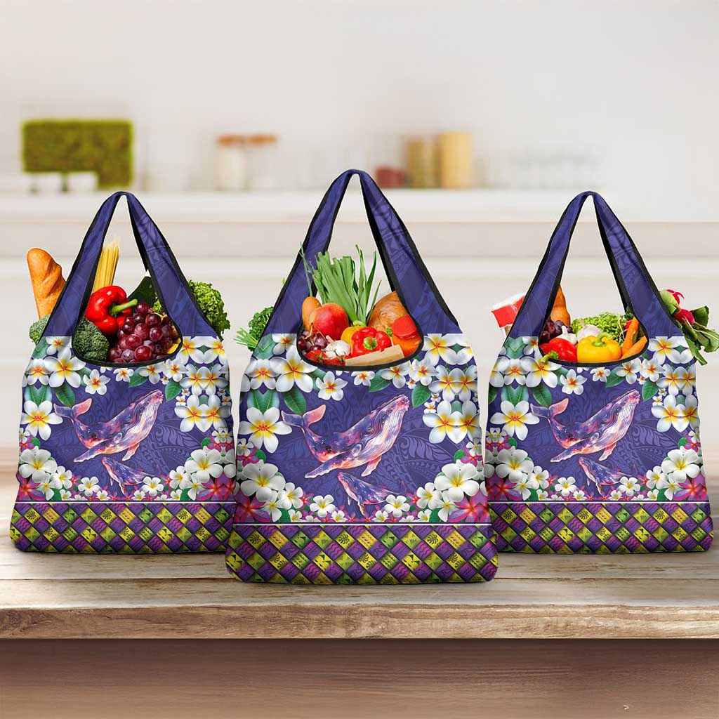 Hawaiian Plumeria and Humpback Whales Grocery Bag Polynerian Art Tattoo-Navy Color LT03 3-pack One Size Navy - Polynesian Pride