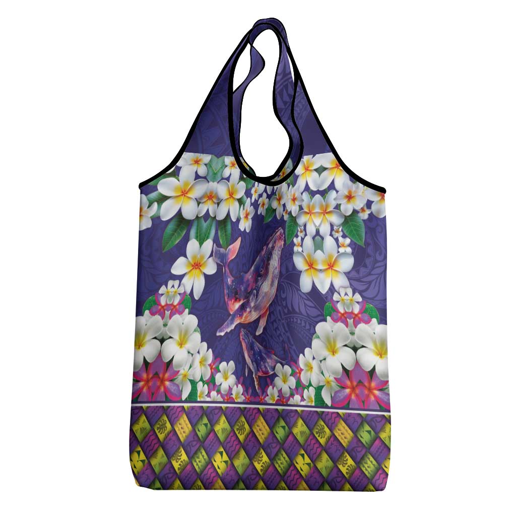 Hawaiian Plumeria and Humpback Whales Grocery Bag Polynerian Art Tattoo-Navy Color LT03 - Polynesian Pride