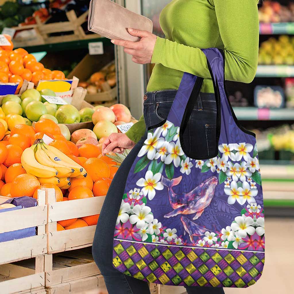 Hawaiian Plumeria and Humpback Whales Grocery Bag Polynerian Art Tattoo-Navy Color LT03 - Polynesian Pride
