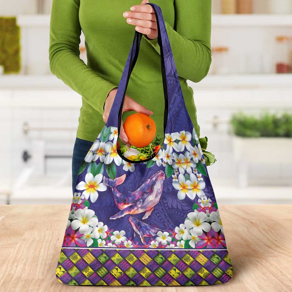 Hawaiian Plumeria and Humpback Whales Grocery Bag Polynerian Art Tattoo-Navy Color LT03 - Polynesian Pride
