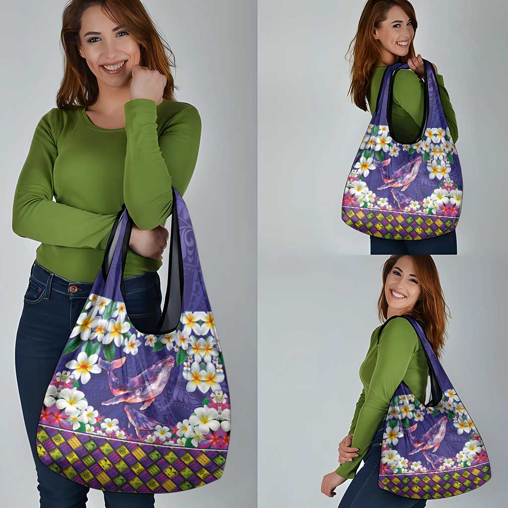 Hawaiian Plumeria and Humpback Whales Grocery Bag Polynerian Art Tattoo-Navy Color LT03 - Polynesian Pride