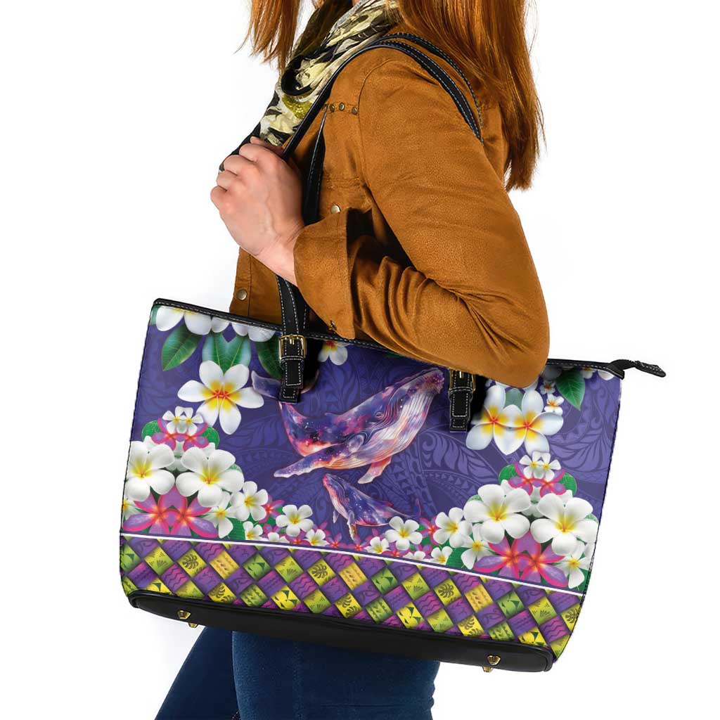 Hawaiian Plumeria and Humpback Whales Leather Tote Bag Polynerian Art Tattoo-Navy Color LT03 Navy - Polynesian Pride