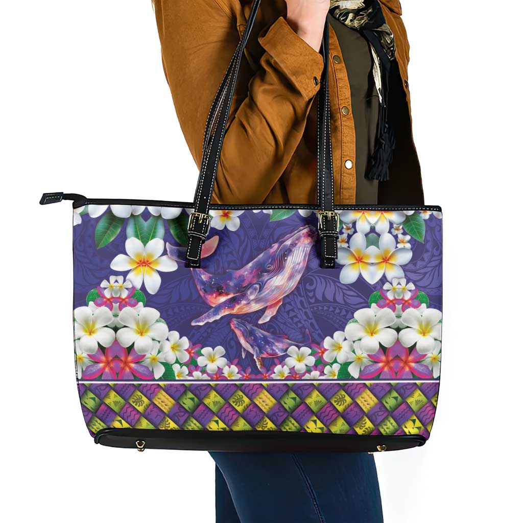 Hawaiian Plumeria and Humpback Whales Leather Tote Bag Polynerian Art Tattoo-Navy Color LT03 - Polynesian Pride