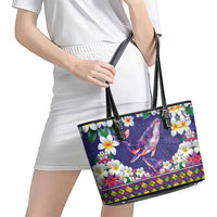 Hawaiian Plumeria and Humpback Whales Leather Tote Bag Polynerian Art Tattoo-Navy Color LT03 - Polynesian Pride