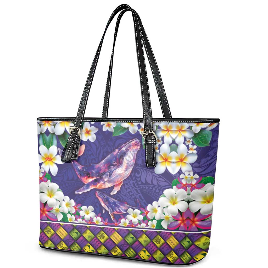 Hawaiian Plumeria and Humpback Whales Leather Tote Bag Polynerian Art Tattoo-Navy Color LT03 - Polynesian Pride