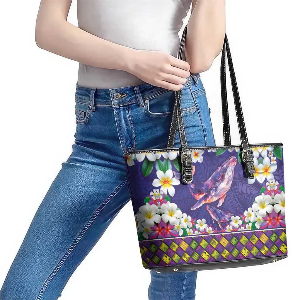Hawaiian Plumeria and Humpback Whales Leather Tote Bag Polynerian Art Tattoo-Navy Color LT03 - Polynesian Pride