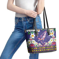 Hawaiian Plumeria and Humpback Whales Leather Tote Bag Polynerian Art Tattoo-Navy Color LT03 - Polynesian Pride