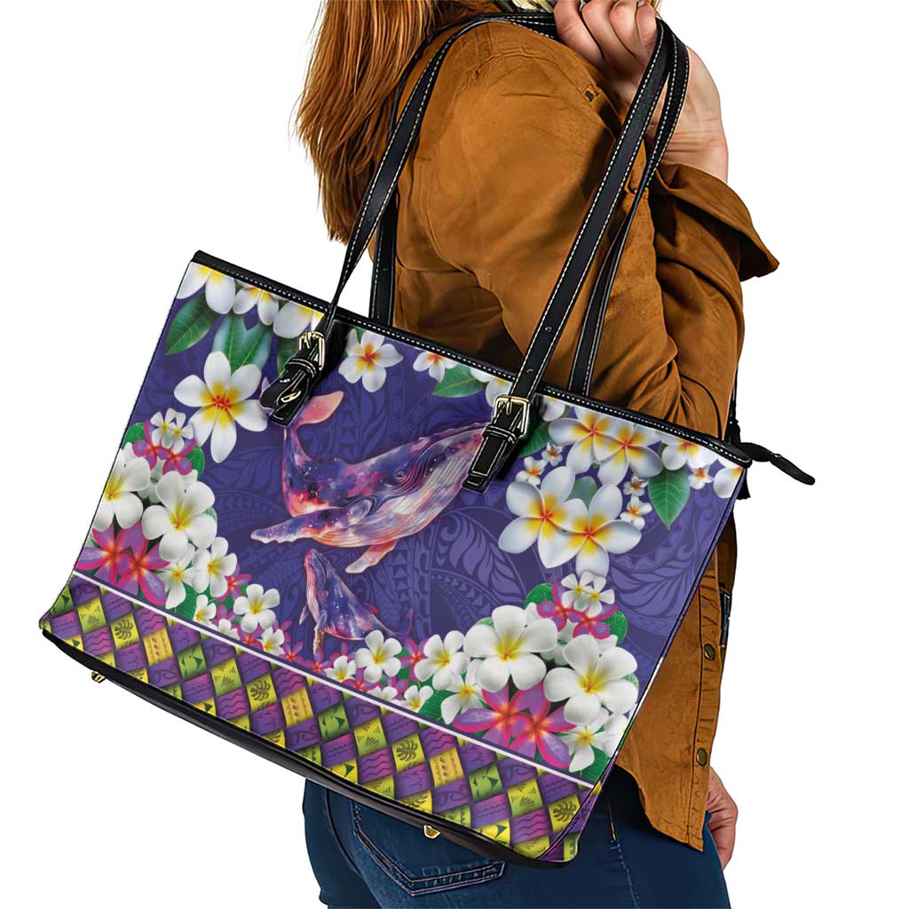 Hawaiian Plumeria and Humpback Whales Leather Tote Bag Polynerian Art Tattoo-Navy Color LT03 - Polynesian Pride