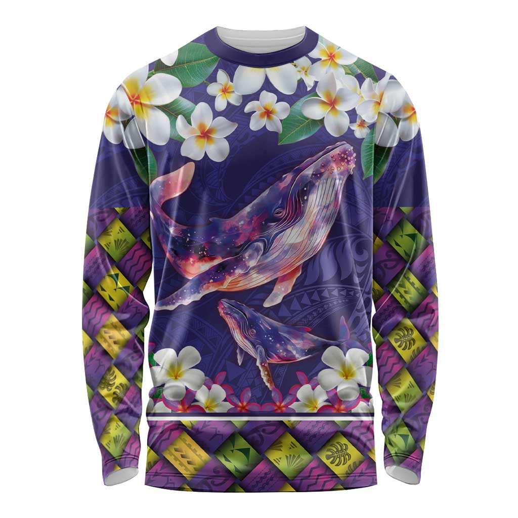 Hawaiian Plumeria and Humpback Whales Long Sleeve Shirt Polynerian Art Tattoo-Navy Color LT03 Unisex Navy - Polynesian Pride