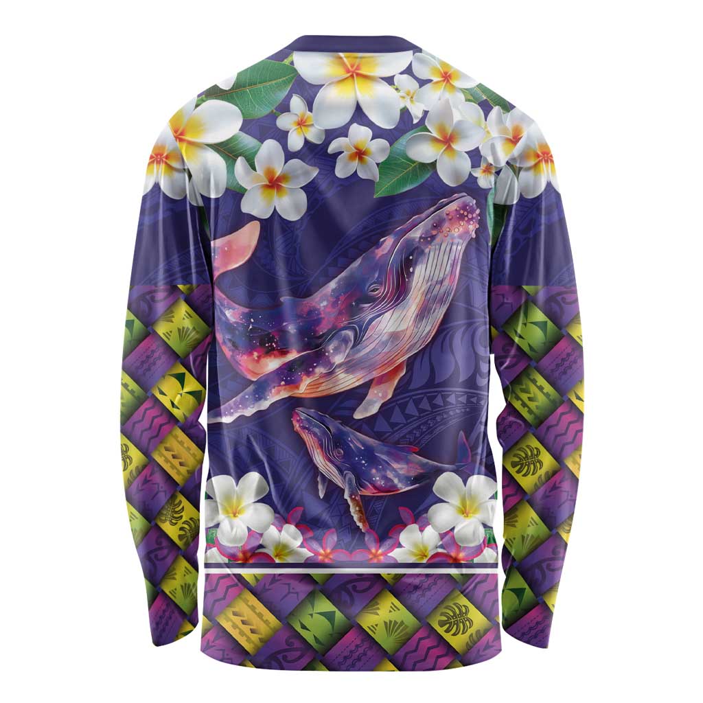 Hawaiian Plumeria and Humpback Whales Long Sleeve Shirt Polynerian Art Tattoo-Navy Color LT03 - Polynesian Pride