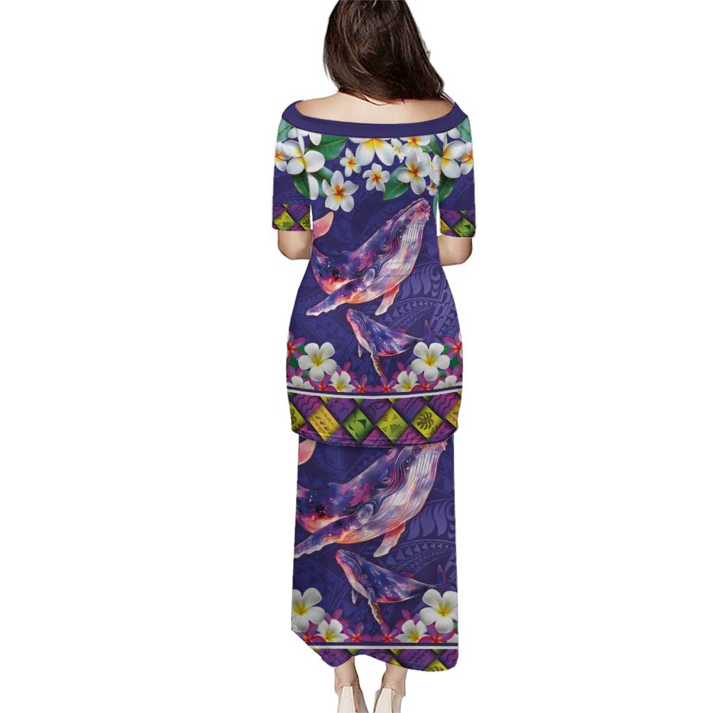 Hawaiian Plumeria and Humpback Whales Puletasi Polynerian Art Tattoo-Navy Color