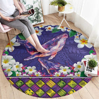 Hawaiian Plumeria and Humpback Whales Round Carpet Polynerian Art Tattoo-Navy Color