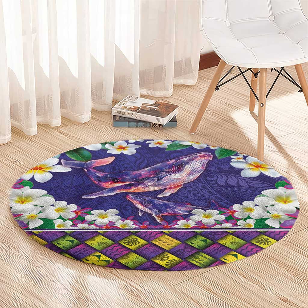 Hawaiian Plumeria and Humpback Whales Round Carpet Polynerian Art Tattoo-Navy Color