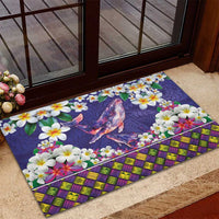 Hawaiian Plumeria and Humpback Whales Rubber Doormat Polynerian Art Tattoo-Navy Color