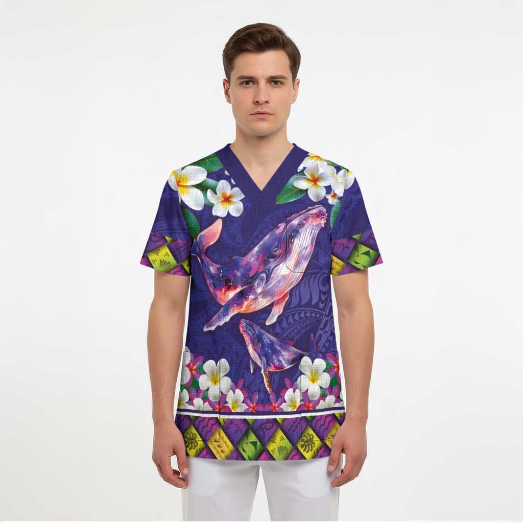 Hawaiian Plumeria and Humpback Whales Scrub Top Polynerian Art Tattoo-Navy Color - Polynesian Pride