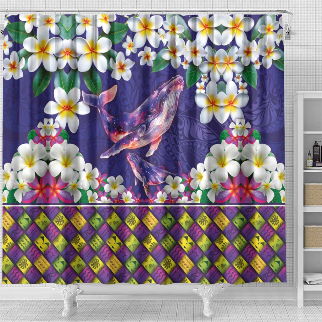 Hawaiian Plumeria and Humpback Whales Shower Curtain Polynerian Art Tattoo-Navy Color