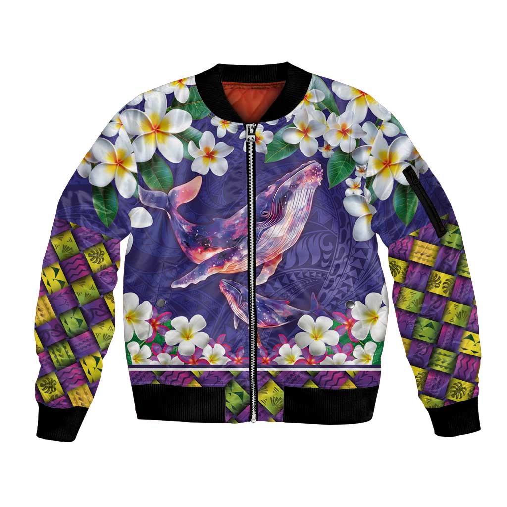 Hawaiian Plumeria and Humpback Whales Sleeve Zip Bomber Jacket Polynerian Art Tattoo-Navy Color LT03 Unisex Navy - Polynesian Pride
