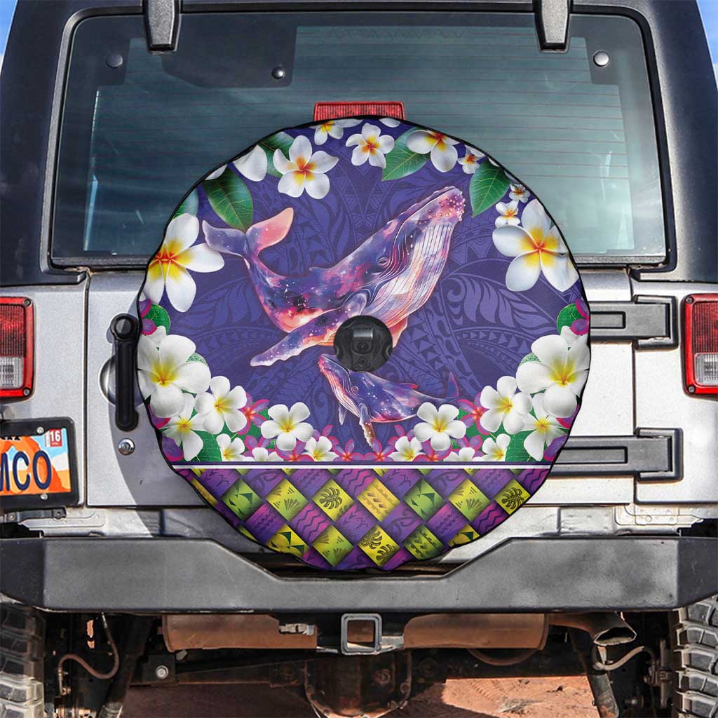 Hawaiian Plumeria and Humpback Whales Spare Tire Cover Polynerian Art Tattoo-Navy Color