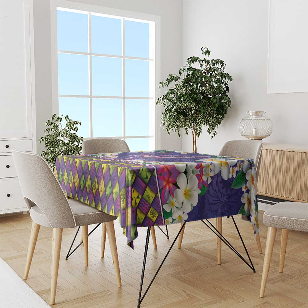 Hawaiian Plumeria and Humpback Whales Tablecloth Polynerian Art Tattoo-Navy Color