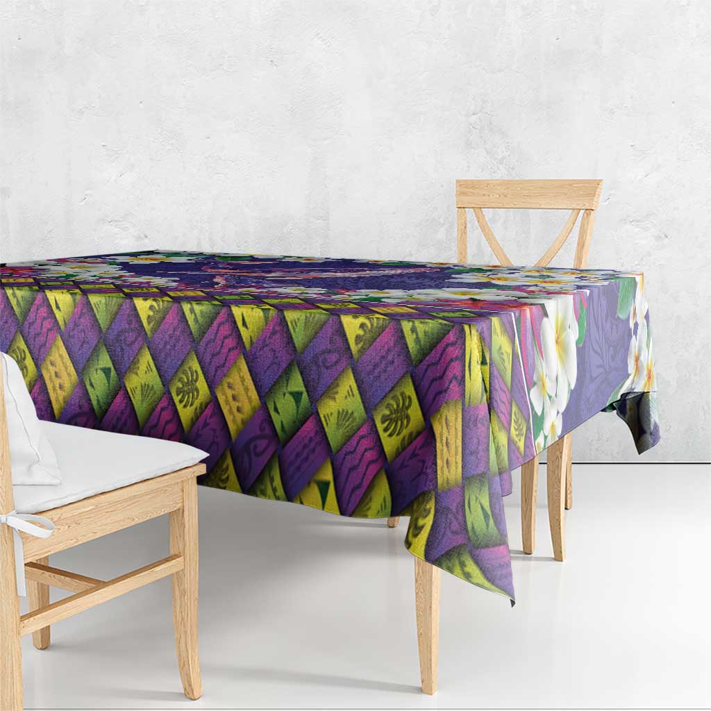 Hawaiian Plumeria and Humpback Whales Tablecloth Polynerian Art Tattoo-Navy Color