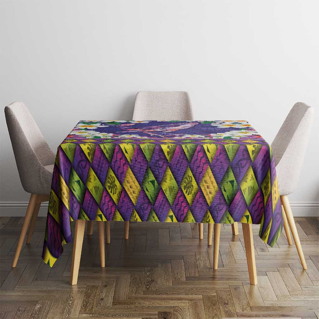 Hawaiian Plumeria and Humpback Whales Tablecloth Polynerian Art Tattoo-Navy Color