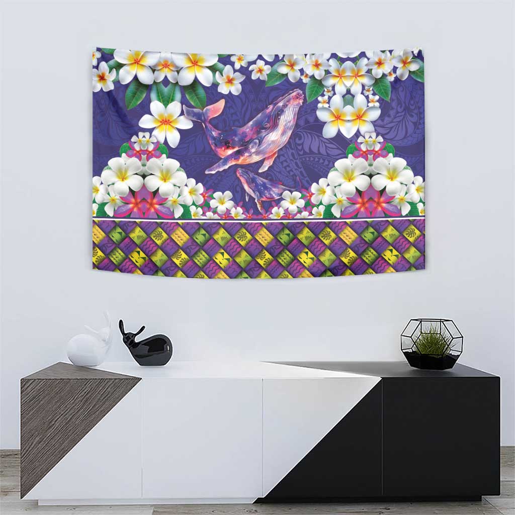 Hawaiian Plumeria and Humpback Whales Tapestry Polynerian Art Tattoo-Navy Color