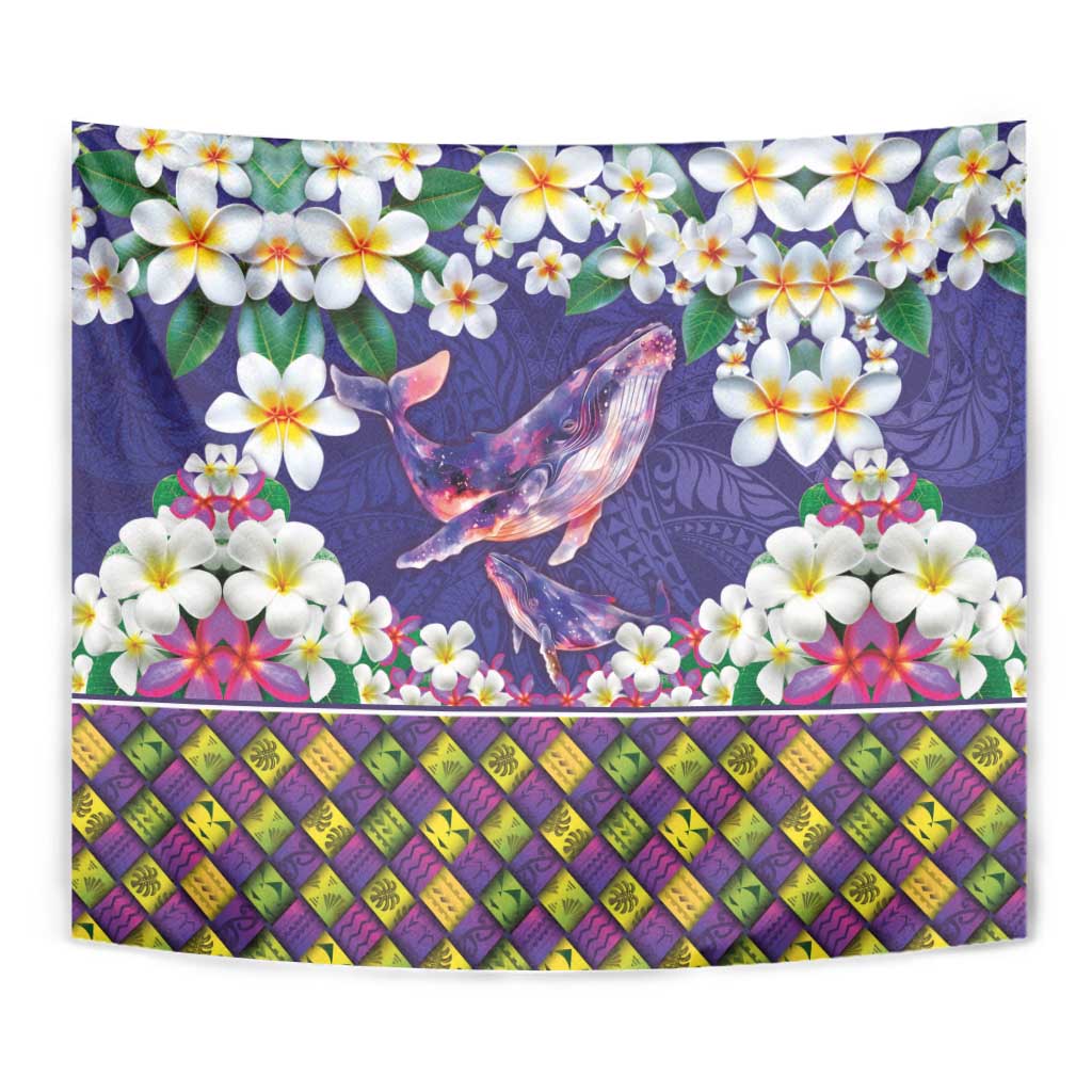 Hawaiian Plumeria and Humpback Whales Tapestry Polynerian Art Tattoo-Navy Color